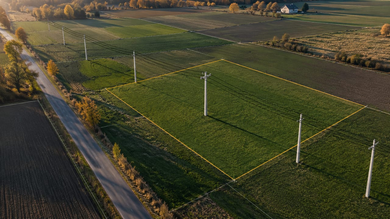 Widok z lotu ptaka na działkę obrysowaną żółtą linią, przez którą przechodzi linia energetyczna na betonowych słupach